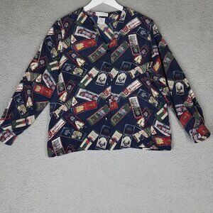 Vintage Liz Claiborne Blouse Women's 12 Petite Silk Blue Button Up Art To Wear